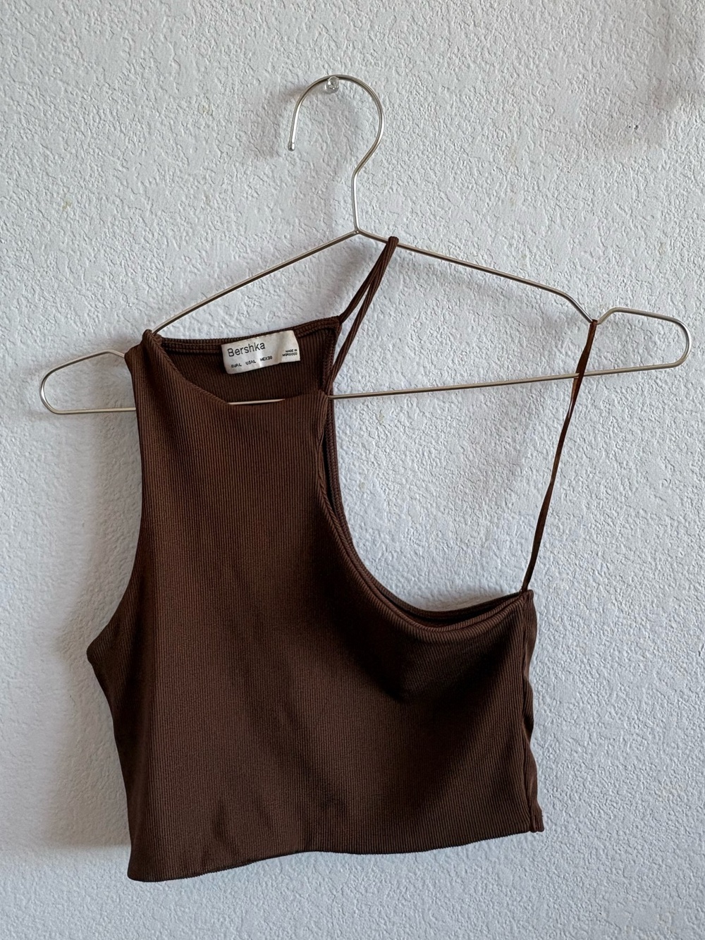 Bershka Dark Brown One-Shoulder Ribbed Crop Top